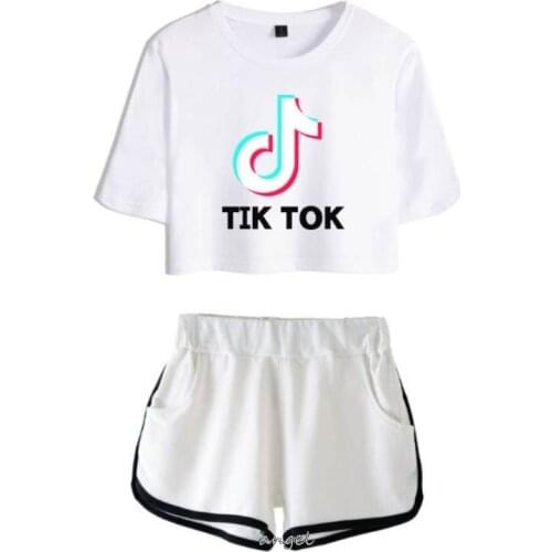 Newest Casual Tik Tok Tee Shirt Femme Harajuku T Shirt Women Tumblr Clothes Short Sleeve Black Crop Tops+Pants Two pcs
