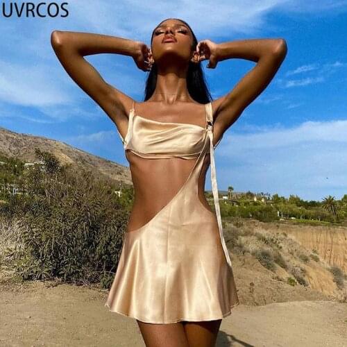 UVRCOS Dresses For Women 2021Summer Sexy Bar Club Square Neck Sleeveless Side Hollow Out Open Back Beach Satin A-Line Mini Dress