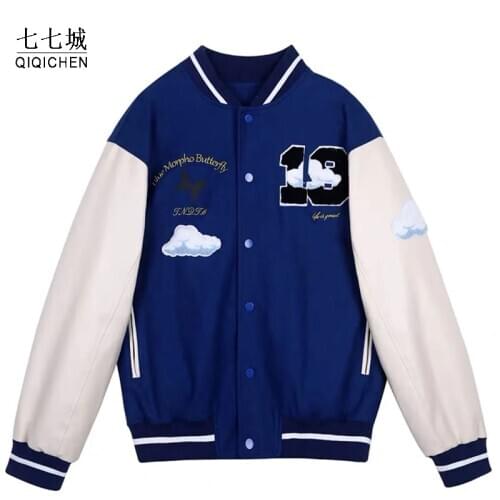 Casual Hip Hop Baseball Jacket Men White Cloud Embroidery Bomber Coat Women Pu Sleeve Patchwork Harajuku Streetwear Couple