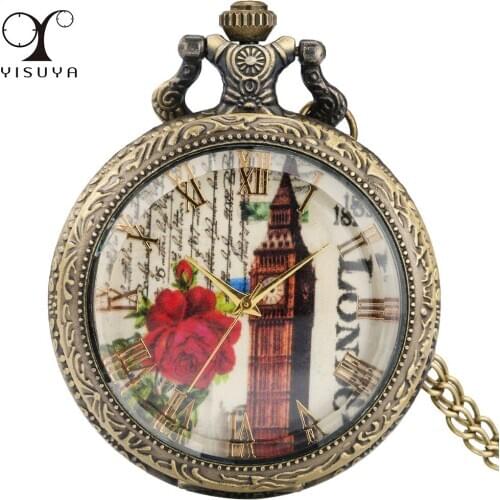 Transparent Glass Big Ben Dial Quartz Pocket Watch Bronze Necklace Watches Golden Analog Pendant Pocket Clock Gift Men Women