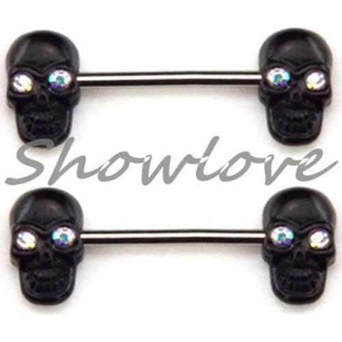 Showlove-2pcs Skull Nipple Barbell Rings Shield Piercing Body Jewelry
