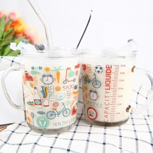 Heat-resistant glass Cup Milk Coffee Tea glass cup childrens breakfast Milk Cup with Handle Creative graffiti cup Lid straw