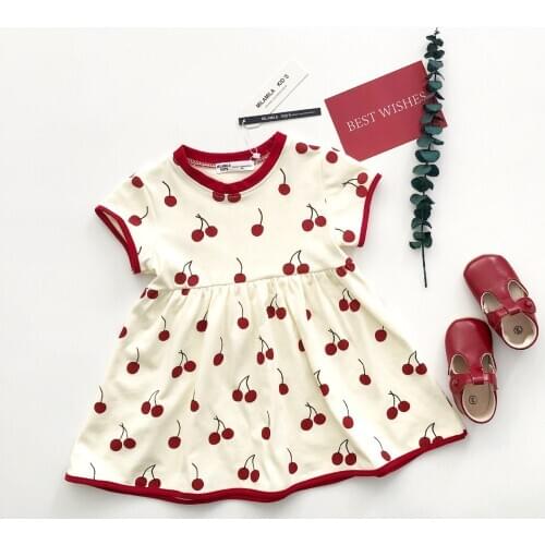 Tonytaobaby Summer New Style Full Printed Cherry Girls Crew Neck Dress Princess Costume