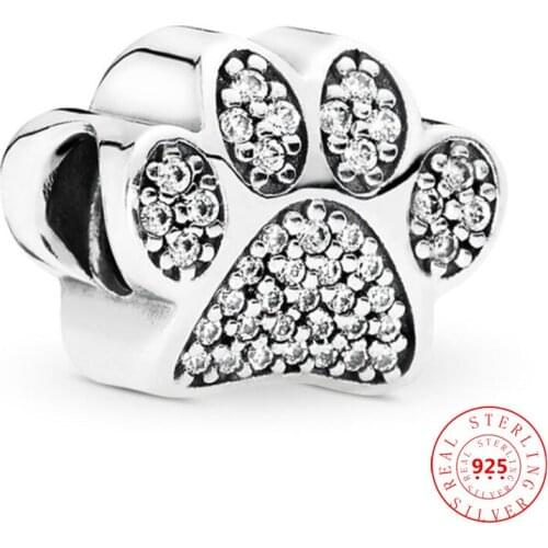 100% 925 Sterling Silver Sparkling Dog Paw Print Charm Beads Fit Original Pandora Bracelet Feminine DIY Fine Jewelry Accessories