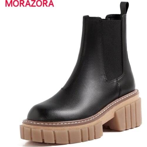 MORAZORA 2022 New Nature Genuine Leather Boots Women Square High Heels Chelsea Boots Platform Chunky Ankle Boots Autumn Shoes