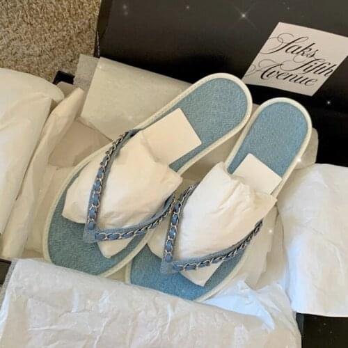 Denim Flip Flops Chaussures Femme 2020 Chain Decor Summer Shoes Woman Casual Flat Slippers Women Sandwich Toe Zapatos De Mujer