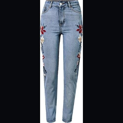 2021 Womens Jeans Embroidered Straight Cropped Pants 100% Pure Cotton Comfortable Casual Blue Large Size Jeans