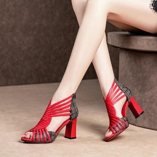 2020 NEW Gladiator Shoes Woman High Heeled Sandals Women Summer Heels Square Heel Peep Toe Wild Joker Back Zip Red Black White
