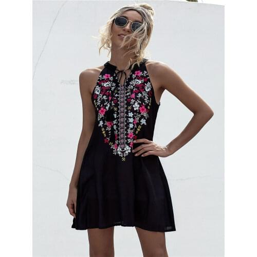 2020 New Summer Boho Floral Print Women Dress Ladies Casual Halter Mini Dress Black Vintage Dress Holiday Sundresses Vestidos