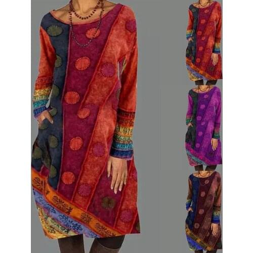 Vintage Ethnic Printed Patchwork Casual Dress Women Autumn Long Sleeve Dresses Elegant Ladies O Neck Pocket Midi Dress Vestidos