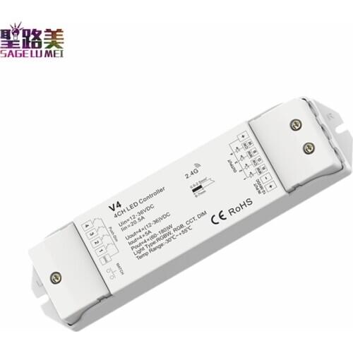 V4 12-36VDC 24V RGBW/RGB/CCT/Dimming 4 Channel LED RF Controller Receiver 4CH 5A/CH Push Dim /Multiple protection CV