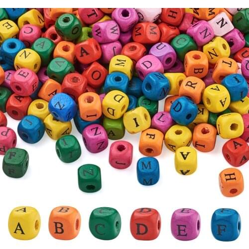 500pcs/Bag Dyed Natural Cube Wood Beads with Mixed Letter for Earring Bracelet Necklace Kids Jwelry DIY Making Accessories