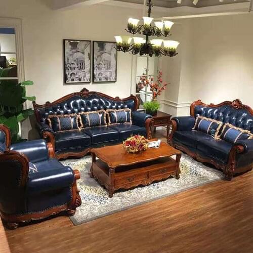 American solid wood factory living room solid wood leather sofa combination European large carved sofa large family villa furnit