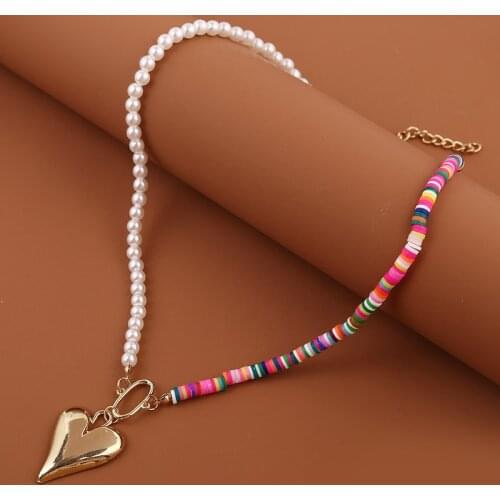 Bohemian Multicolor Polymer Clay White Pearl Beaded Asymmetry Necklaces For Women Fashion Gold Color Big Heart Pendants Necklace