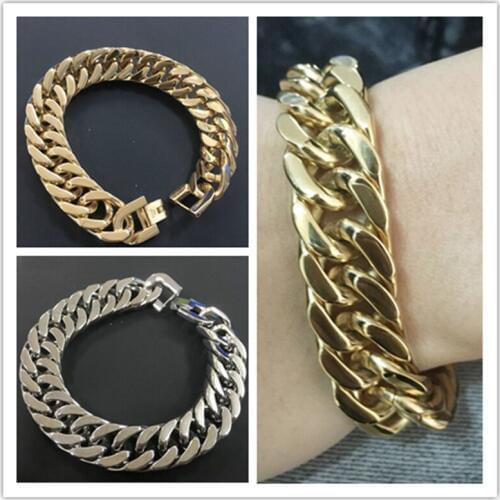 New 15mm Heavy Boys Mens Chain High Polished Double Curb Cuban Silver Or Gold color Filled Wristband Bracelet 8.66" Good Jewelry