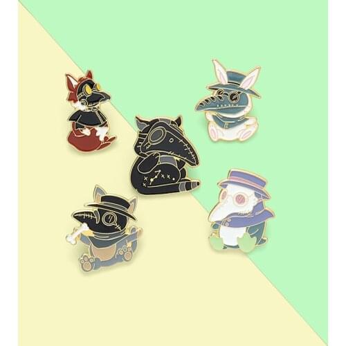 Plague Doctor Brooches for Friends Fox Rabbit Penguin Animal Enamel Pin Backpacks Punk Gothic Metal Badge Cartoon Jewelry Gift