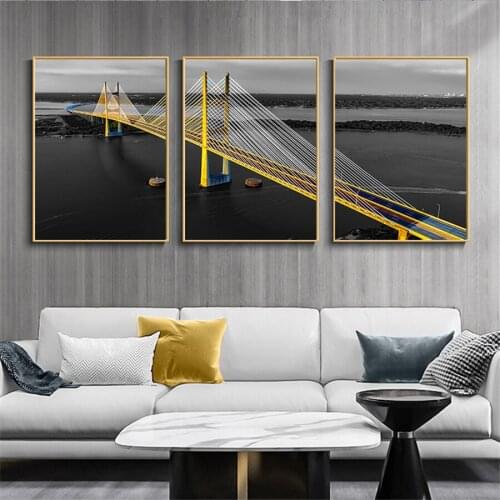 Black White Gold Bridge Landscape Picture Home Decor Modern Canvas Painting Wall Art Yellow Scenery Art Print for Living Room