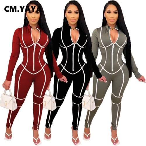 CMYAYA Autumn Sexy Party Striped Long Sleeve Zipper Jumpsuit Women Active Bodycon Moto Biker Sportwear Romper One Piece Overalls