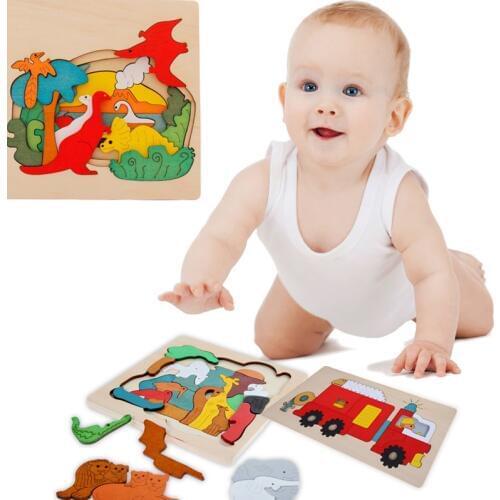 Children Wooden 3D Multi-Layer Jigsaw Puzzle Toys Animals And Vehicles Children Early Education Toys Kids Gifts