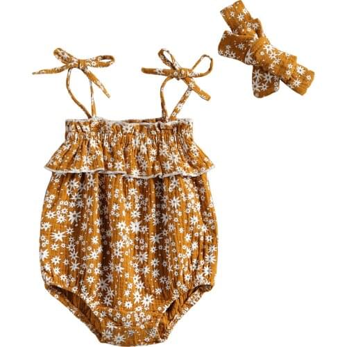 Toddler Newborn Baby Floral Leaves Printied Two-pieces Set Infant Girls Floral Collar Sling Bodysuit Headband Set 0-24M Summer