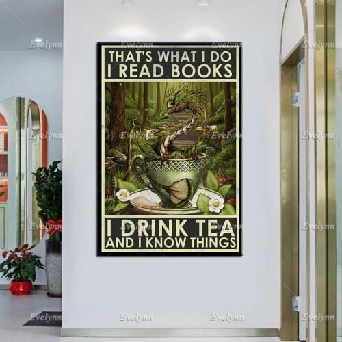 ThatS What I Do I Read Books I Drink Tea Dragon Book Vintage Poster, Dragon Wall Art, Book Lover Prints, Book Home Decor Gift