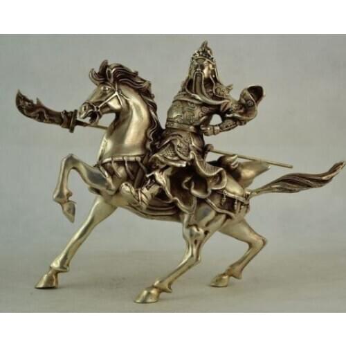 Chinese Collect Old Miao silver Handwork Carving Guan Yu Horse riding Statue