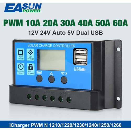 EASUN POWER Solar Controller 12V/24V 60A 50A 40A 30A 20A 10A Solar Regulator PWM Battery Charger LCD Display Dual USB 5V Output