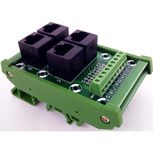 DIN Rail Mount RJ45 Module,RJ45 8P8C Jack 4-Way Buss Breakout Board, Terminal Block, Connector