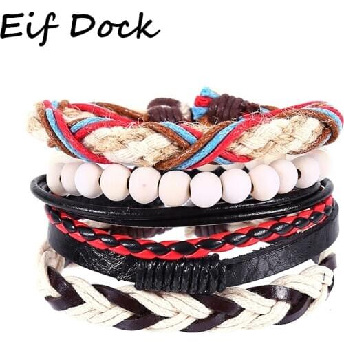 Eif Dock Fashion Multilayer Leather Bracelets Set for Men Women Vintage Rope Weave Handmade Beads Braided Charm Bracelet Jewelry