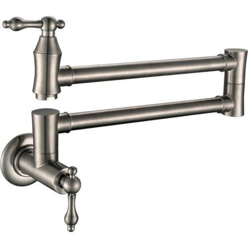 Wall Mount Pot Filler, 2 Handles Brass Kitchen Faucet, Double Joint Spout, Brushed Nickel
