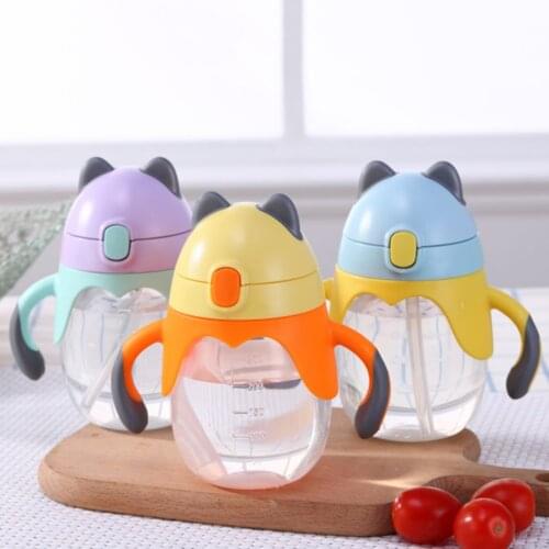 New baby water bottle black ear double handle baby learning cup baby straw bottle child straw bottle baby supplies