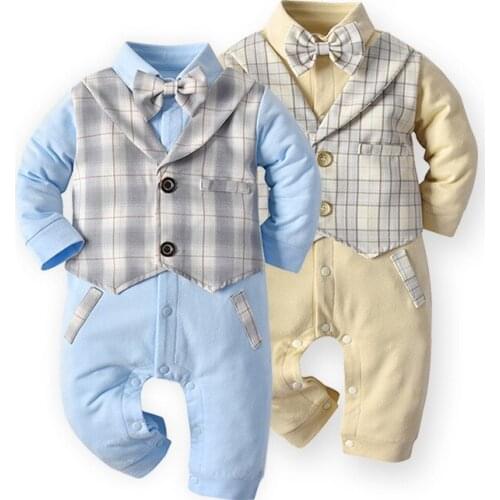 2021 Autumn Baby Boys Rompers Cotton Fake Two Toddler Bodysuit Checkered Newborn Kids Jumpsuits Long Sleeve Children Overalls
