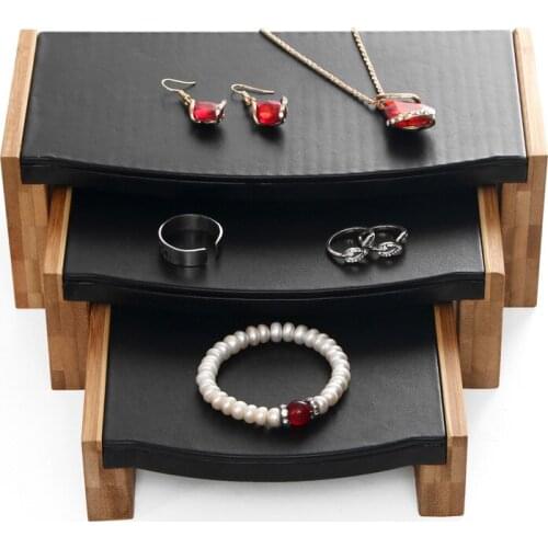 Handmade Bamboo Wood Black PU Necklace Ring Jewelry Display Stand Small Stool Three-piece Bracelet Rack Headband Display Card