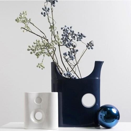 Modern Geometric Blue Ceramic Vase Creative Living Room Model Room Hotel Restaurant Home Dried Flower Porcelaim Floral