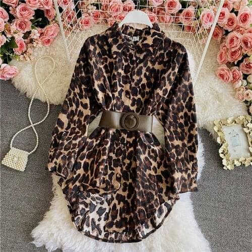 Vintage Corduroy Shirts Leopard Blouses for Women with belt Autumn Oversized Woman Tops Blouses Casual Woman Warm Blouse