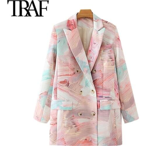 TRAF Women Fashion Double Breasted Graffiti Print Blazers Coat Vintage Long Sleeve Pockets Female Outerwear Chic Tops