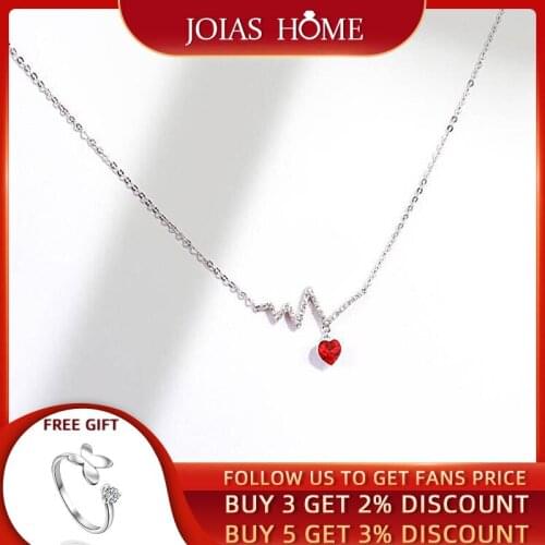 JoiasHome Sterling 925 Silver Necklace Gemstones Clavicle Chain for Women Geometry Silver 925 Jewelry Ruby Heart shaped Pendant