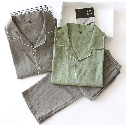 2021 Summer Casual Solid Cotton Pajama Sets for Men Short Sleeve Long Pants Sleepwear Pyjama Male Homewear Lounge Wear Clothes