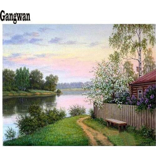 Village lake natural scenery diamond embroidery full rhinestone diamond mosaic diamond painting cross stitch kit home decoration