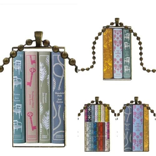 For Girls Handmade Gift Fashion Glass Cabochon Pendant Rectangle Necklace Choker Necklace Jewelry Jane Austen Books Penguin