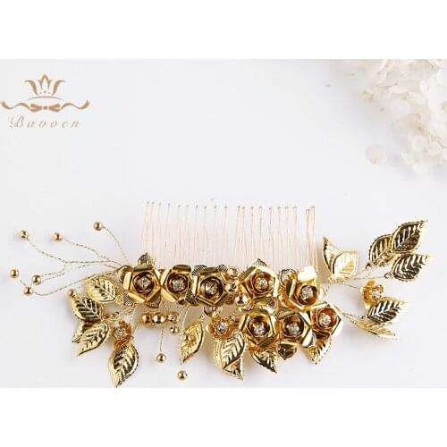 Handmade European Gold Flower Hair Combs Shinny Pearls Barrettes Wedding Dress Hair Accessories