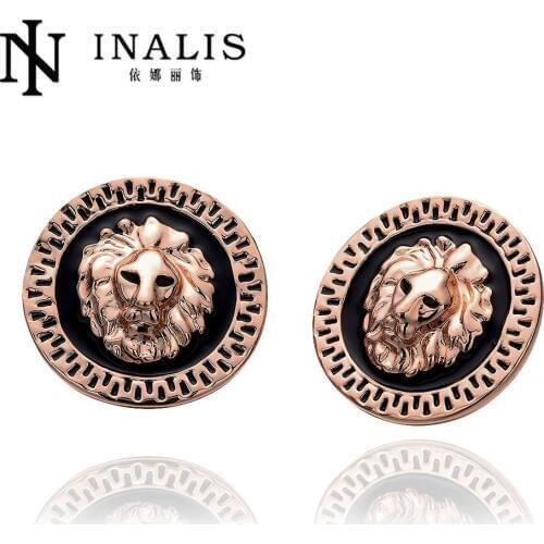 INALIS Rose Gold Color Lion Face Black Background Round Stud Earrings E963-B