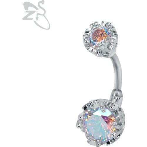 Round Crystal Navel Belly Botton Rings With Cubic Zirconia Stone Stainless Steel Navel Ring Barbell Real Piercing Body Jewelry