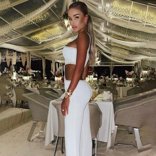 RANMO Gold sequins stitching white wide shoulder straps, waist, hips and wide leg pants sexy ladies afternoon tea party jumpsuit