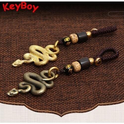 Brass Metal Snake Pendant Necklace Men Retro Handmade Rope Key Chain Animal Cobra Keychain Multitool Bag Lanyard Hanging Jewelry