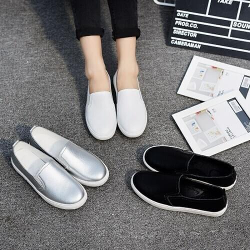 Spring White Shoes Women Casual Shoes Loafers Solid Color Black Sliver Slip-On Flats Women Students Leather Shoes Back