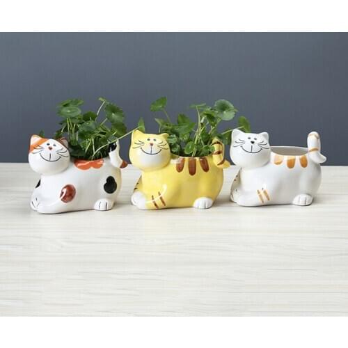 Cute Cat Ceramic Flower Pot Planter Desktop Ornaments Hydroponic Vase Home Garden Decoration Succulent Pot Plant Pot