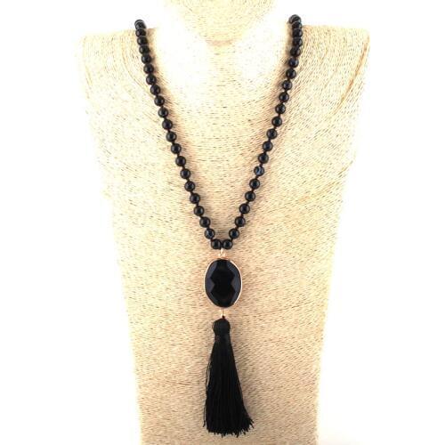 Fashion Bohemian Tribal Jewelry Black Aglat Stones Knotted Stone Link Long Tassel Necklaces Women Necklace Dropship