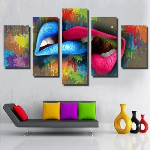 Fashion Canvas Lip Prints Abstract 5 Panel Wall Art Oil Paintings Blue and Pink Lips Posters Love Picture Frame Pop Art Painting