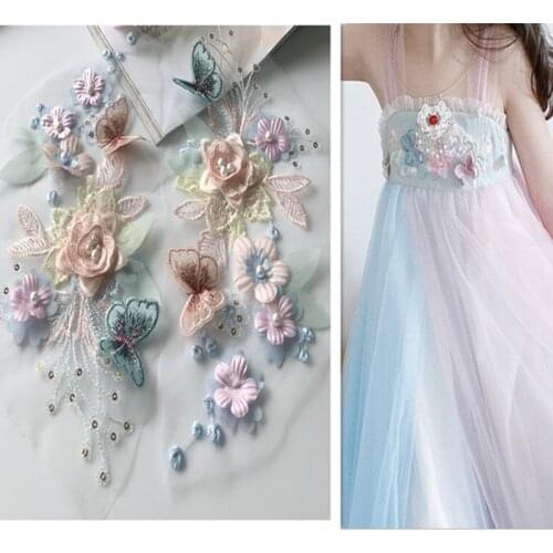 Patches On Clothes Flower Embroidery Beaded Sequin Stickers With Butterfly For Girl Dress Clothing Accessories Lace Applique New